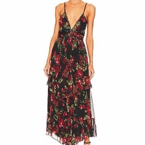 Rococo Sand Black and Red Floral Roses Maxi Dress wedding Party whimsical
